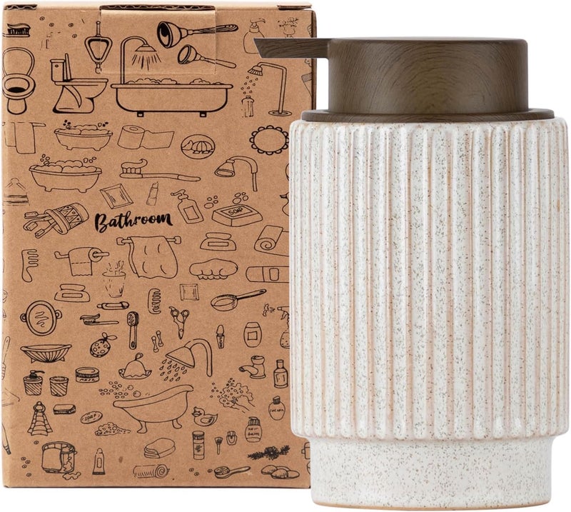 FE FUN ELEMENTS Fun Elements Ceramic Soap Dispenser, Wood Grain Plastic Soap Dispenser, 10oz Refillable Bottle for Liquid Soap - Kitchen, Sink, Bathroom - Image 1